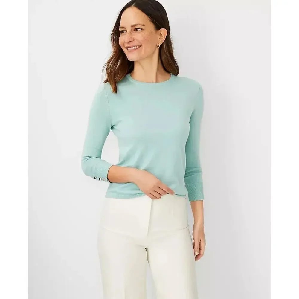 Ann Taylor Seasonless Button Cuff Sweater, Medium, Light Blue, Office, Classic - Picture 1 of 10